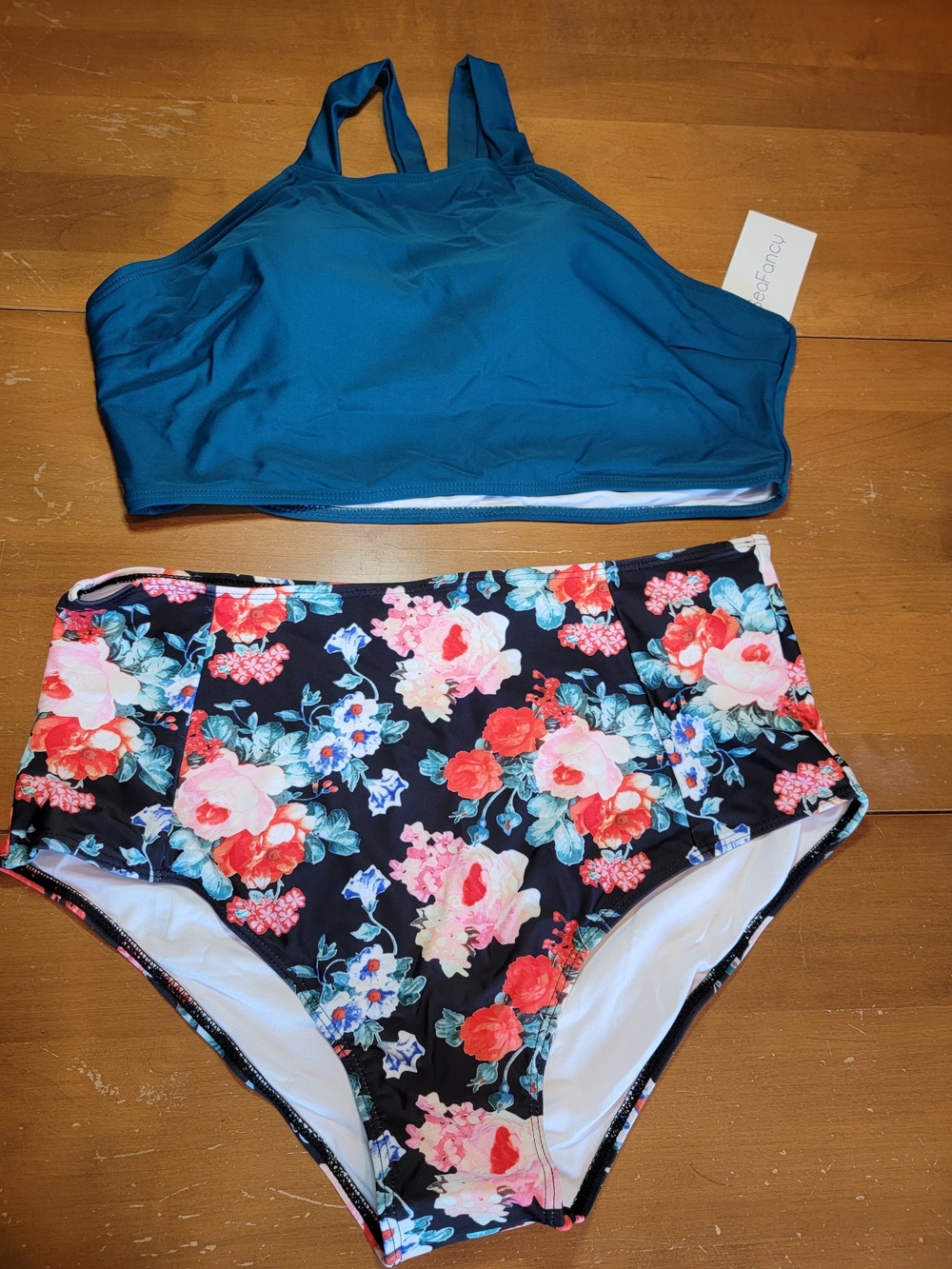 *SALE 2/$20* Green Bikini Top with Floral High-Waist Bottoms SZ XL
